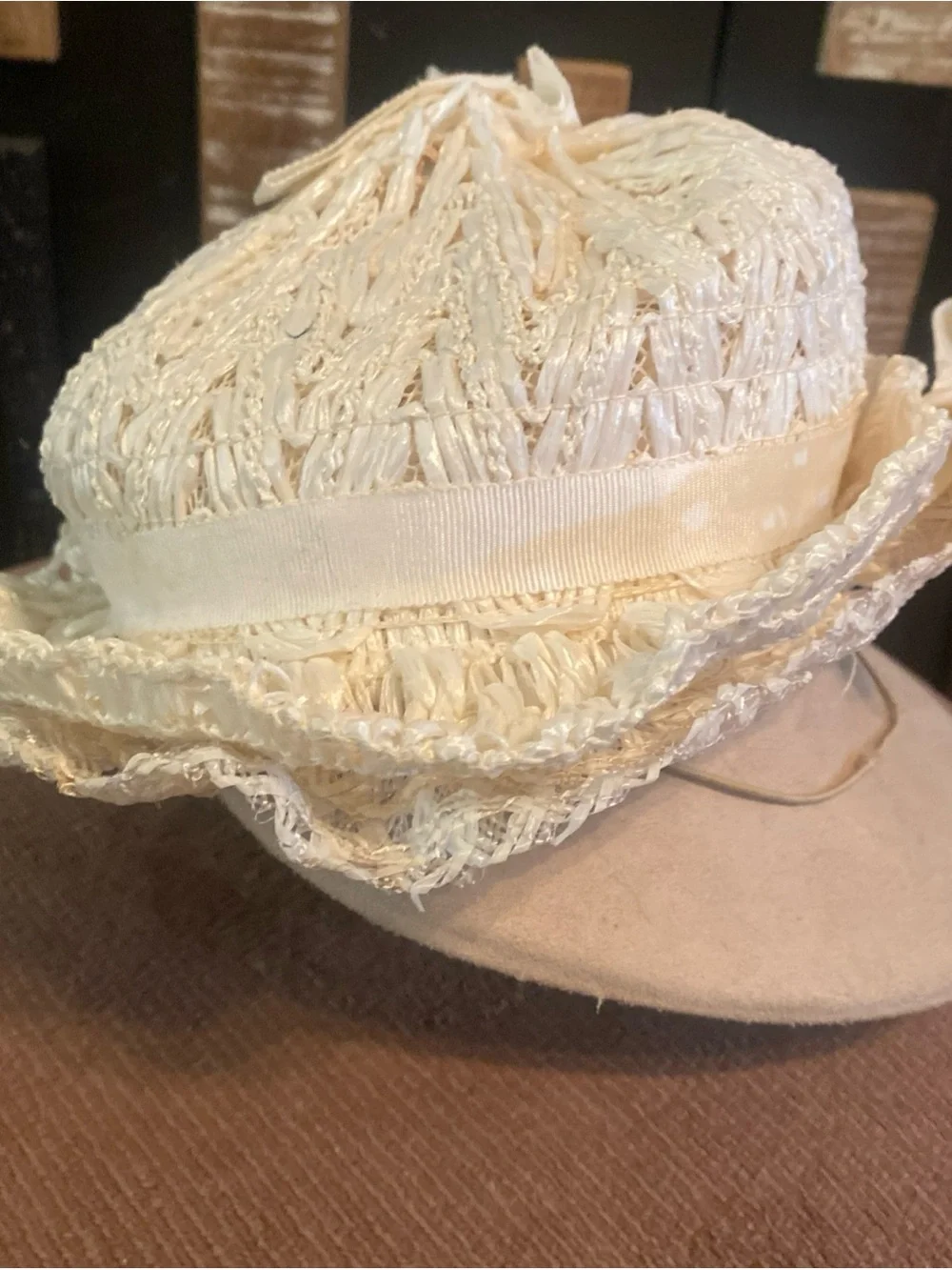 Vintage 1950’s Cream Straw Sun Hat with Bow - Women's Summer Hat